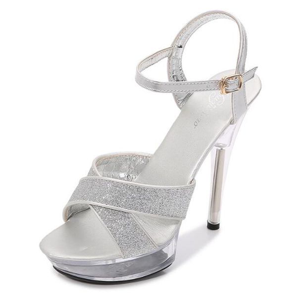 

sandals walking show 12.5cm thin high-heeled women sequined cloth buckle strap open toed waterproof platform wedding shoes, Black