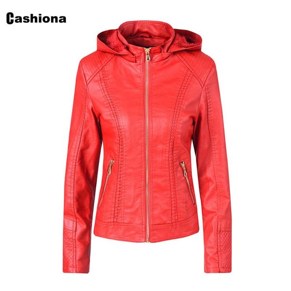 

cashiona 2020 pu leather jackets women hooded outerwear pocket zipper winter warm coat slim jacket red black hoodies plus velvet
