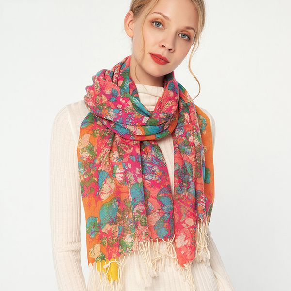 

women 100% wool scarf winter 2020 printed shawls and wraps for ladies thin neckerchief with tassel pure wool scarves, Blue;gray