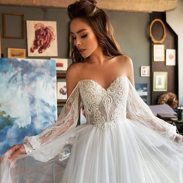 

Elegant Bohemia Lace Beach Wedding Dress 2020 Long Sleeve Off The Shoulder Boho Wedding Bridal Gowns Robe, White