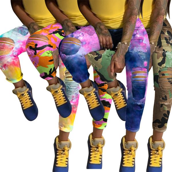 

28s3844 summer women casual pants tie dye print hole trousers pencil pants jeans, Blue