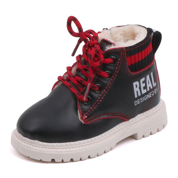 

autumn winter children' martin boots casual thicken boys girls leather shoes warm cotton non-slip plush kids toddler baby shoes, Black;grey