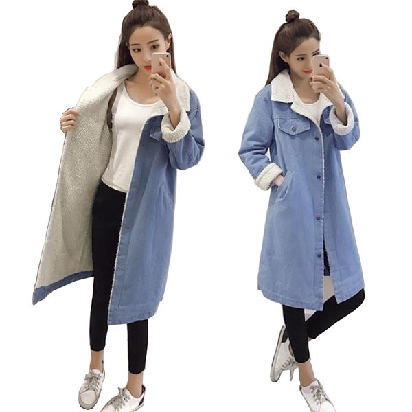 

women's jackets autumn winter fur jean denim jacket women warm outerwear front button flap pockets blue bomber female long coat, Black;brown