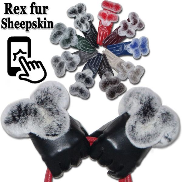 

five fingers gloves high-grade sheepskin female rex fur grass winter thickening warm color leather touch screen cold, Blue;gray