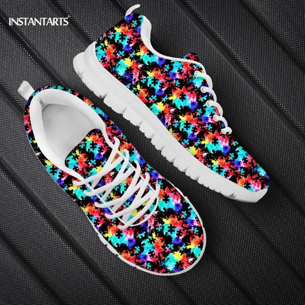 

instantarts autism awareness patterns women flats shoes lace up walk sneakers bretahble light weight shoe ladies sneaker new, Black