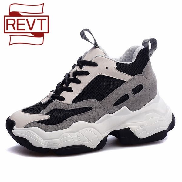 

revt 2020 new style womens height increasing genuine leather fashion wild round toe daddy boots girls splice shoes y200915, Black