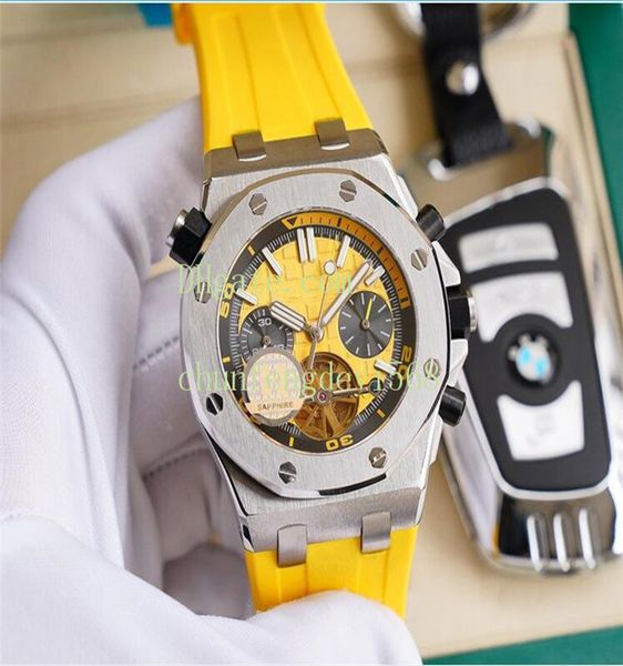 

wristwatch offshore diver yellow 44mm mechanical flywheel rubber strap transparent back 316l steel sapphire automatic fashion men's wat, Slivery;brown