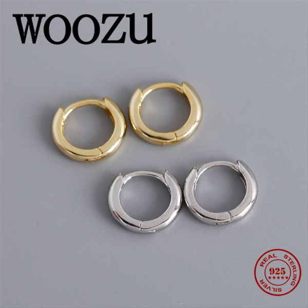 

hoop & huggie woozu fashion simple round men rock thick ear buckle for women real 925 sterling silver party earring jewelry accessories, Golden;silver