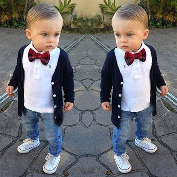 

navy color handsome 1set kids baby boys long sleeve t-shirt +coat+pants clothes outfits drop shipped st01, White