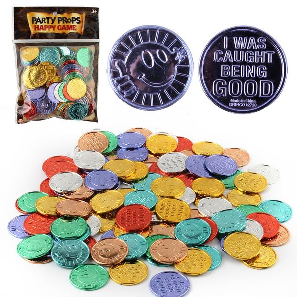 

100 pieces colorful plastic reward coins school teacher reward coin pretend play coin for counting, halloween christmas party