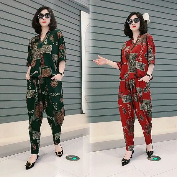 

summer fashion loose plump mm 200kg large size harem suit pants suit pants set women's meat hiding slimming casual two-piece set for wo, Gray