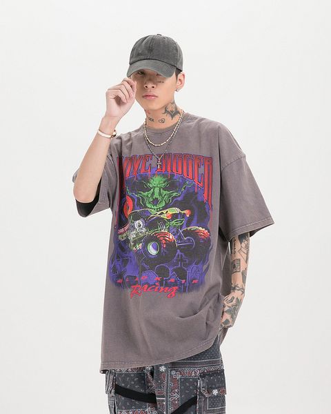 

european and american hip-hop retro high street dark funeral old t-shirt men and women ins decadent wind loose couple short sleeves, White;black