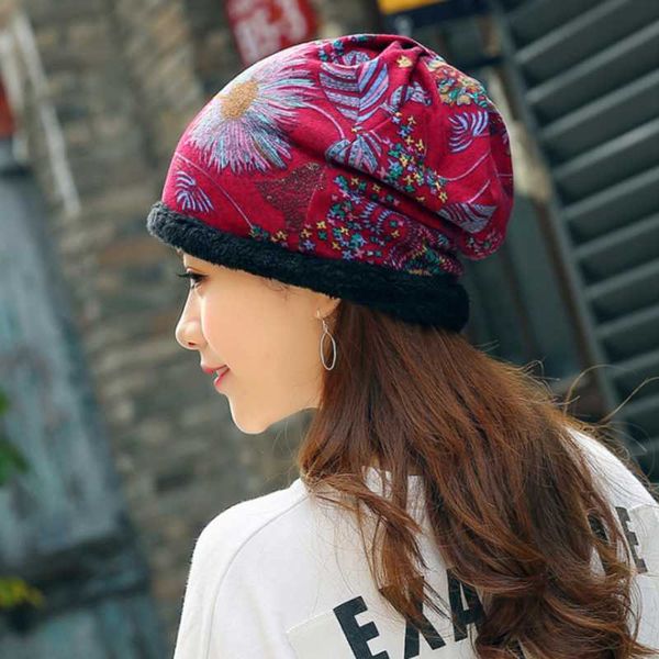 

beanie/skull caps 2021 printed knit beanie hat women winter hats warm plus velvet thicken hedging cap windproof casual, Blue;gray