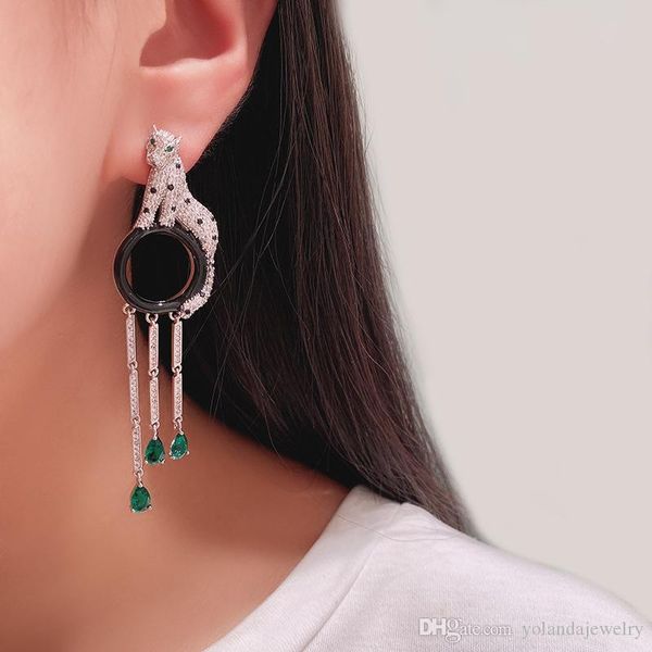 

luxury women leopard earrings white gold plated full cz leopard long tassels earrings for girls women for party weddingpl, Golden;silver