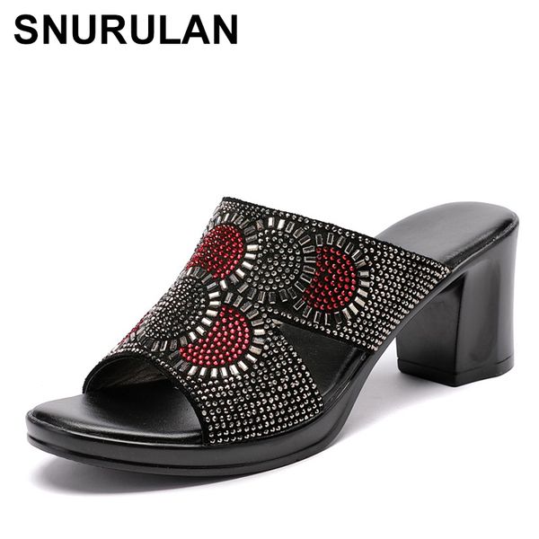 

snurulan women slippers 2020 ladies summer genuine leather slippers shoes women high heels fashion rhinestone summer shoes, Black