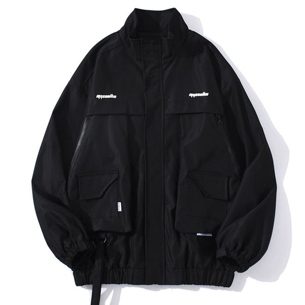 

cargo jackets mens hip hop multi-pockets coats streetwear harajuku full zip up track jacket coats outwear, Black;brown