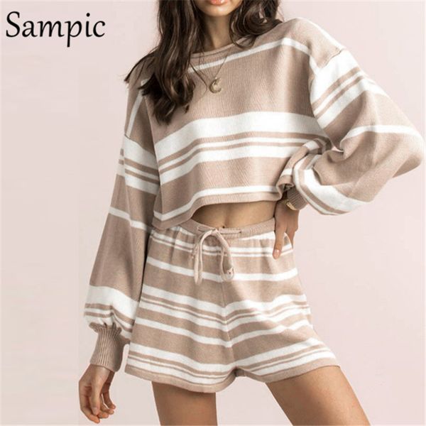 

sampic women striped casual sweater jumers shorts set long sleeve kniited winter and mini shorts two piece set outfits, Gray