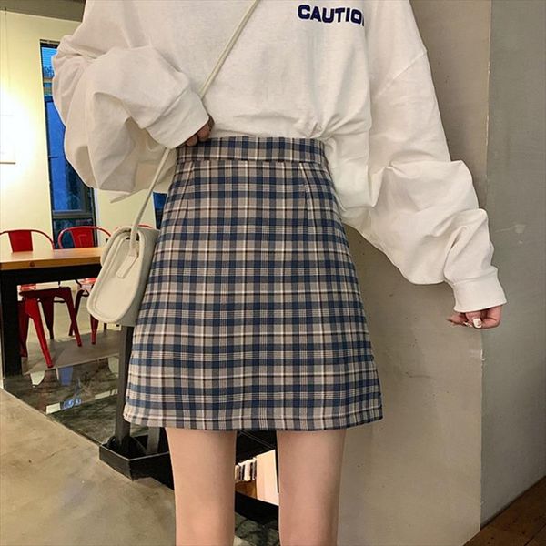 

womens skirt fashion new plaid skirt high waist skirts womens slim temperament a line skirt college style faldas mujer moda, Black