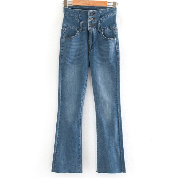 

women's jeans rr high waisted flare women fashion three buttons denim pants elegant ankle length female ladies hv, Blue