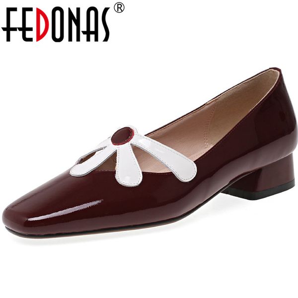 

fedonas sweet flowers genuine leather women shoes summer new thick heels pumps female 2020 elegant dancing wedding shoes woman, Black