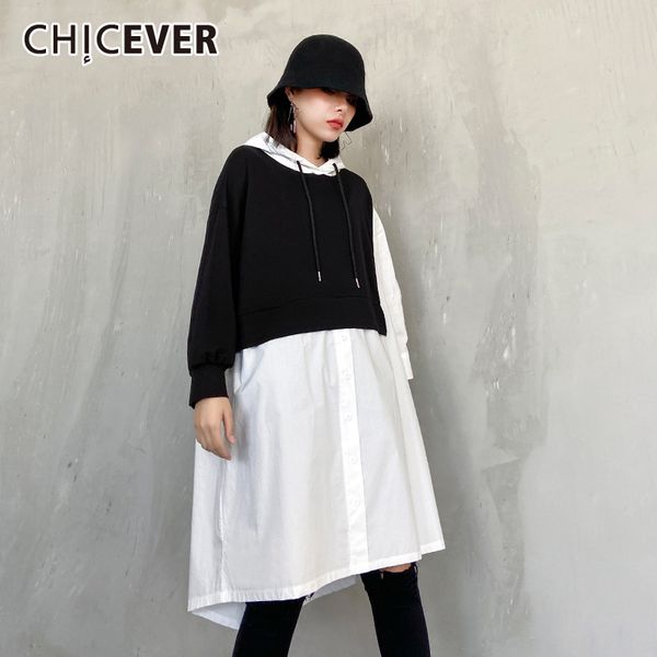 

chicever patchwork dress for women hooded collar long sleeve lace up hit color oversized dresses female 2020 fall new style tide, Black;gray