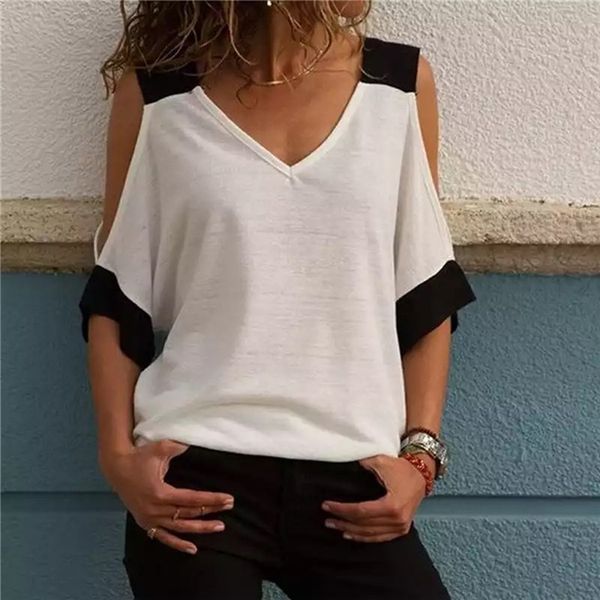 

womens t-shirt fashion casual off-the-shoulder v-neck short-sleeved t-shirt for lady camisetas verano mujer 2020, White