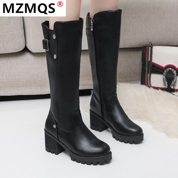 

2020 winter women's boots fashion zipper square heel mid-calf boots round toe high heel warm pu women's zapatos de mujer, Black