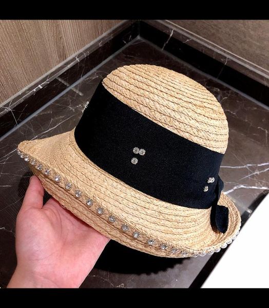 

202005-yy082 new handmade raffia grass bowknot embellishment with sparkling water diamonds lady cap women sun hat, Blue;gray