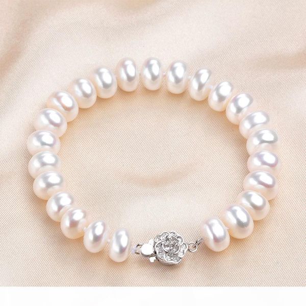 

fashion white real natural pearl bracelets for women high luster freshwater pearl jewelry 925 sterling silver strand bracelet j190718, Black
