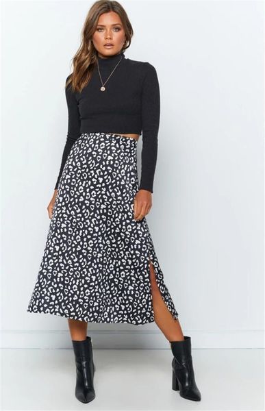 

casual natural color skirts women clothes split leopard print designer skirts hight waist zipper skirts fashion a line, Black