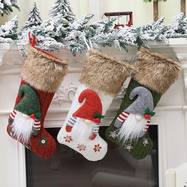 

45*25cm christmas tree hanging decor fluffy cartoon forest no face santa claus stocking xmas bedside sock kids gift storage bags