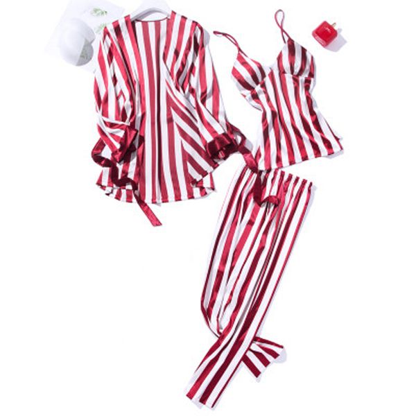 

high grade satin pajama sets for women long sleeve striped sleepwear cami trousers+robe 3pcs elegant nightwear homewear, Black;red