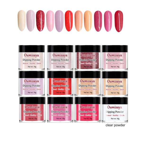 

OUMISAYA Dip Powder Nail Color Kit XS1201 (comes with clear dipping powder and 11 colors powder) including Glitter Red and Natural Pink