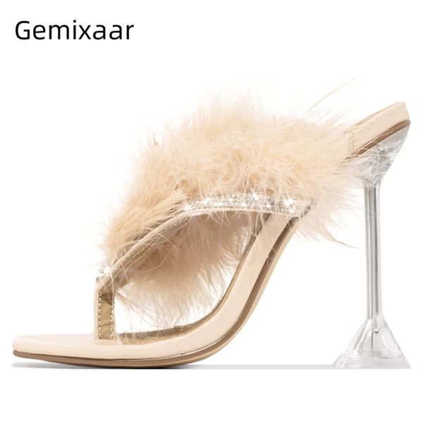 

new summer clear crystal goblet heel flip flops jeweled rhinestone fur feather high heel runway shoes summer slippers women, Black