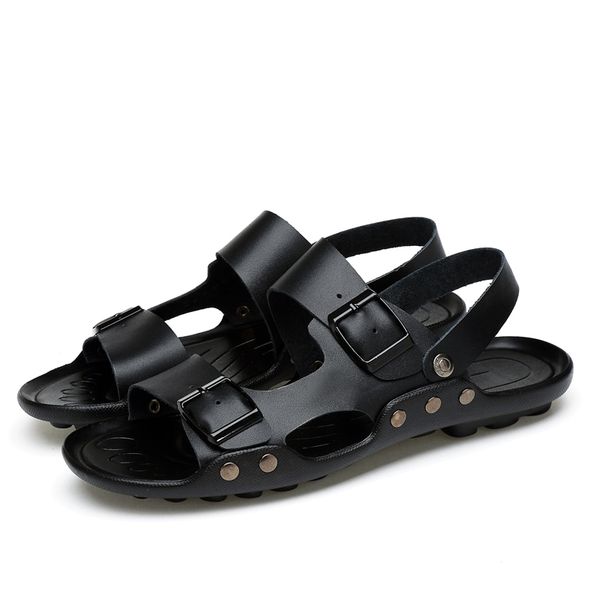 

piel casual hombre de luxury sandalhas para toe slip sandalias walking samool big breathable couro leather sandals slippers man, Black