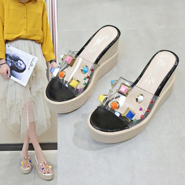 

increased slope with sandals and slippers female 2020 new summer wild thick bottom muffin shoes fashion transparent word drag, Black