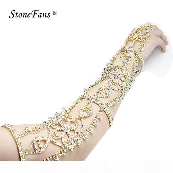

stonefans long rhinestone bracelet crystal upper armband armlet bracelets chain flower bridal bracelets wedding bangles women mx190727, Golden;silver
