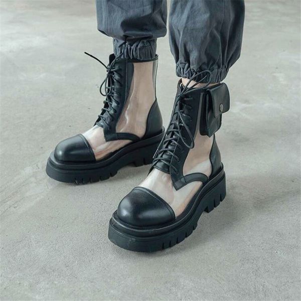 

autumn and winter small incense wind boots women thick high-heeled pvc transparent stitching ins wind cross strappy boots, Black