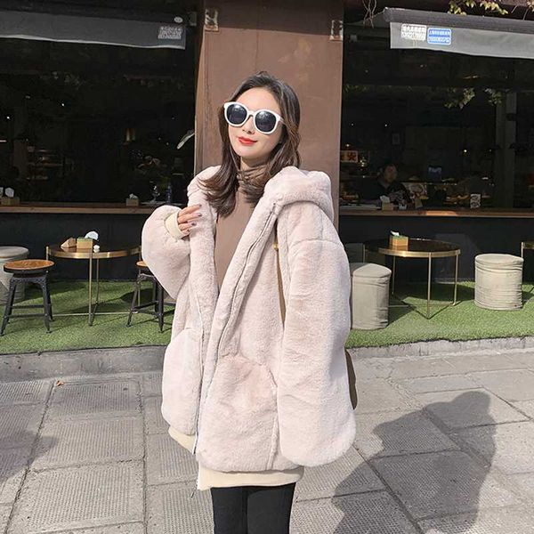 

women's fur & faux imitation rur autumn winter fashion hooded thick plush velvet coat loose pink zipper female plus size outwear, Black