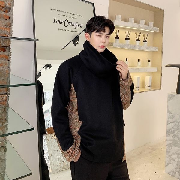 

men detachable loose neck casual plaid splicing thick hoodie man women streetwear hip hop fashion sweatshirt, Black