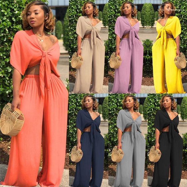 

set deep v neck bandage hollow out wide leg pants womens clothing women two piece summer outfits pants, White