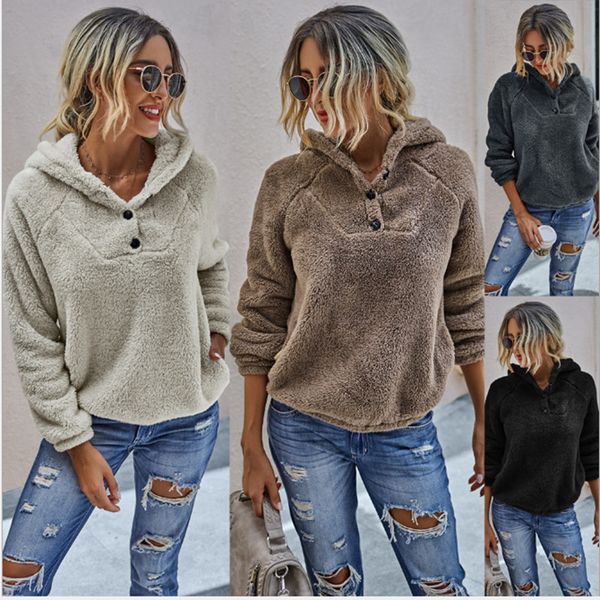 

women's hoodies & sweatshirts autumn winter 2021 plush solid color button pullover casual loose stretch hem warm sweatshirt lady teddy, Black