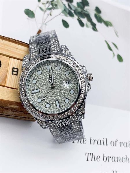 

fashion men women dress watch full diamond iced out designer watches stainless steel quartz movement engraved strap sport watches, Slivery;brown