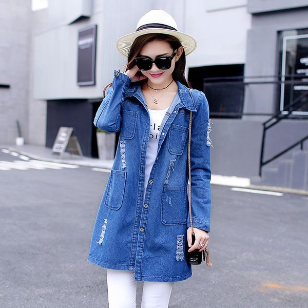 

new spring streetwear hole denim trench coat for women hollow blue windbreaker outerwear casaco feminino, Tan;black