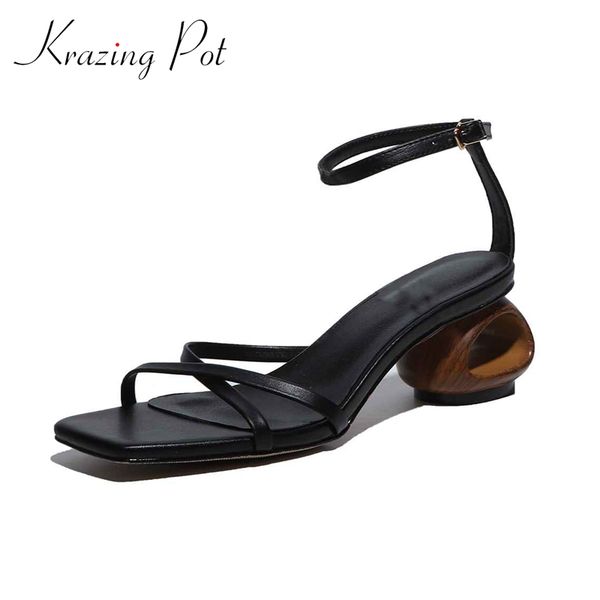 

krazing pot full grain leather streetwear maiden high strange heels buckle straps shoes beauty lady daily wear sandals women l02, Black