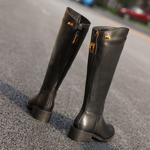 

2020 ins women knee high boots lady riding botas soft leather winter shoes platform square toe casual footwear white boots 33-43, Black