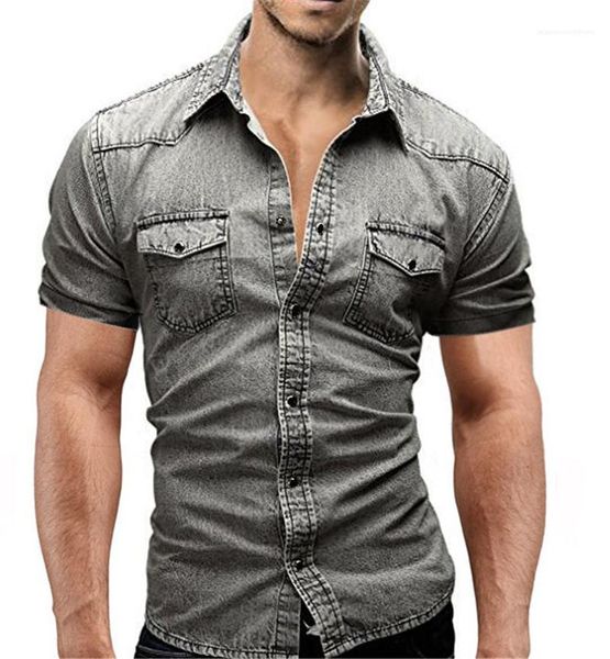 

with pocket casual lapel neck short sleeve shirts designer shirts men fashion natural color denim shirts, White;black