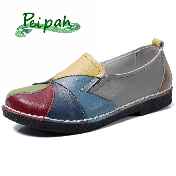 

peipah 2020 new arrival retro genuine leather women flat shoes slip on woman casual flats spring/autumn loafers female shoes, Black