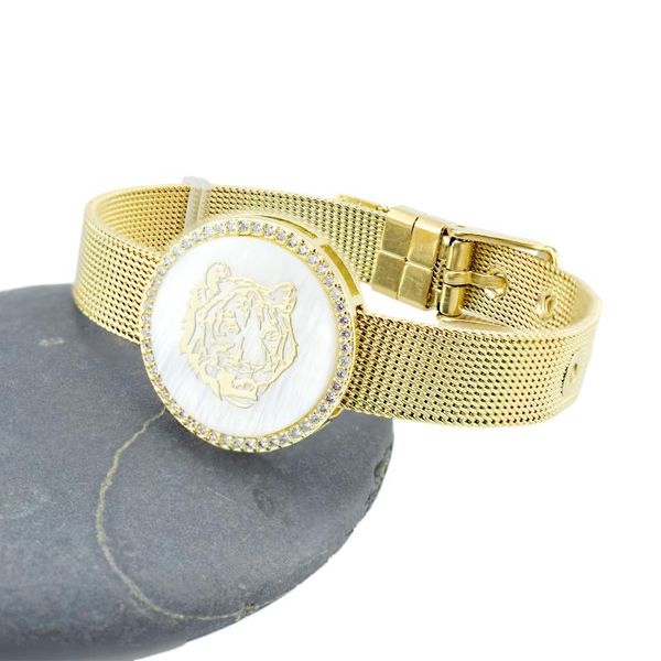 

new mighty lion shape shell zircon charm bracelet for woman man mesh stainless steel strap bangle jewelry gift, Golden;silver