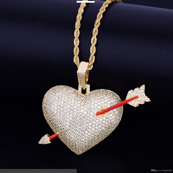 

Iced out Heart with Red Arrow Pendant Necklace With Rope Chain Gold Color Bling Cubic Zircon Hip hop Jewelry